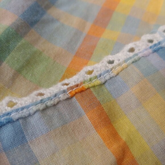 Vintage 1960's Apron Bright Yellow Lined Orange Blue Green Plaid Retro Kitchen - Picture 6 of 7